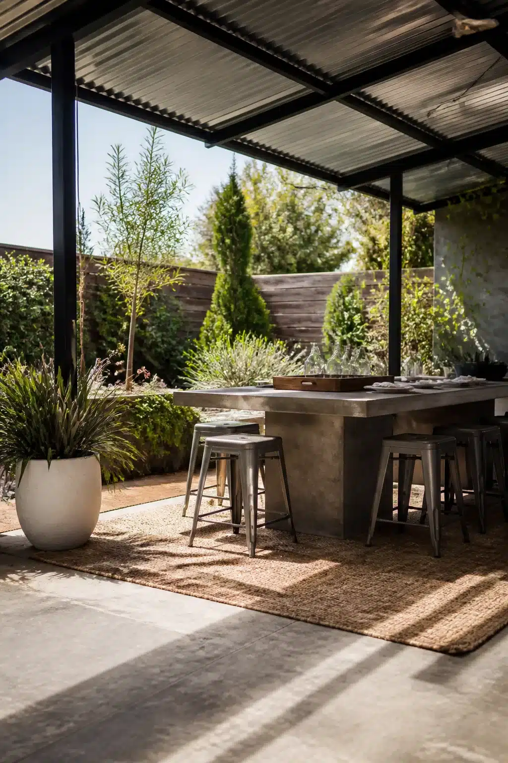Corrugated metal roof patio shade idea with black steel frame, concrete bar, and metal stools in a garden setting.