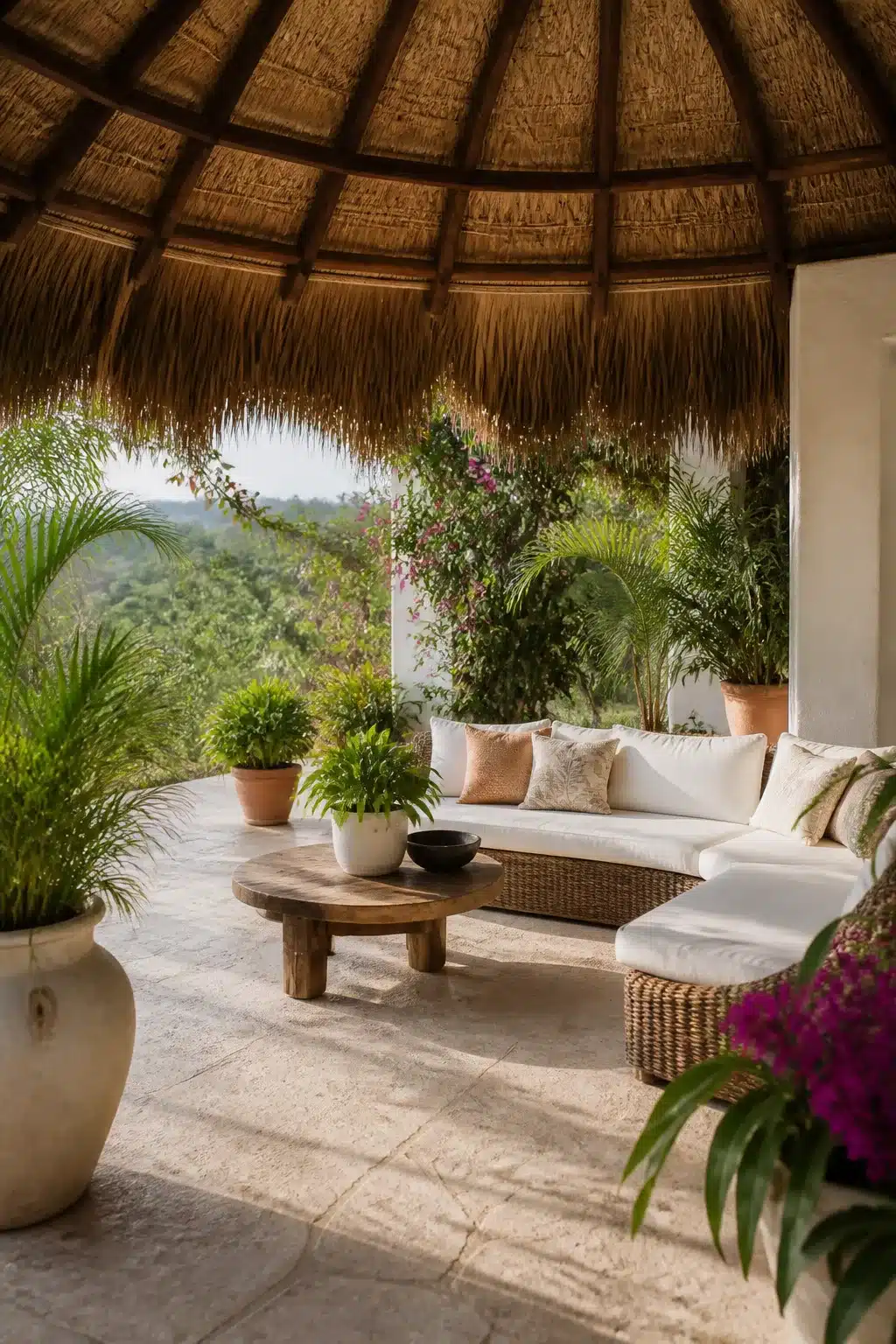 Thatched palapa patio shade idea with wicker sectional, white cushions, and tropical plants overlooking green views