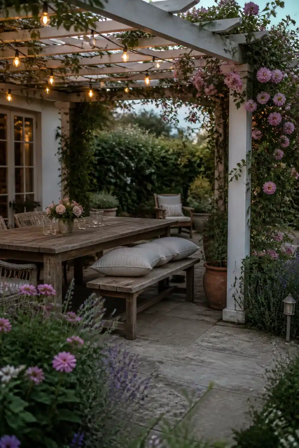 Patio shade ideas: white pergola with string lights, climbing pink dahlias, and a rustic teak dining table