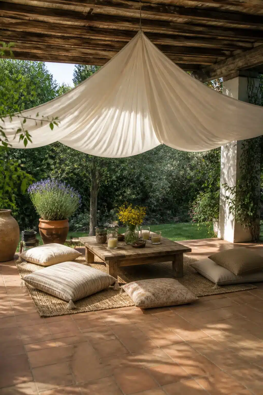 Draped linen fabric canopy over low floor cushion seating on a terracotta tiled patio — patio shade ideas