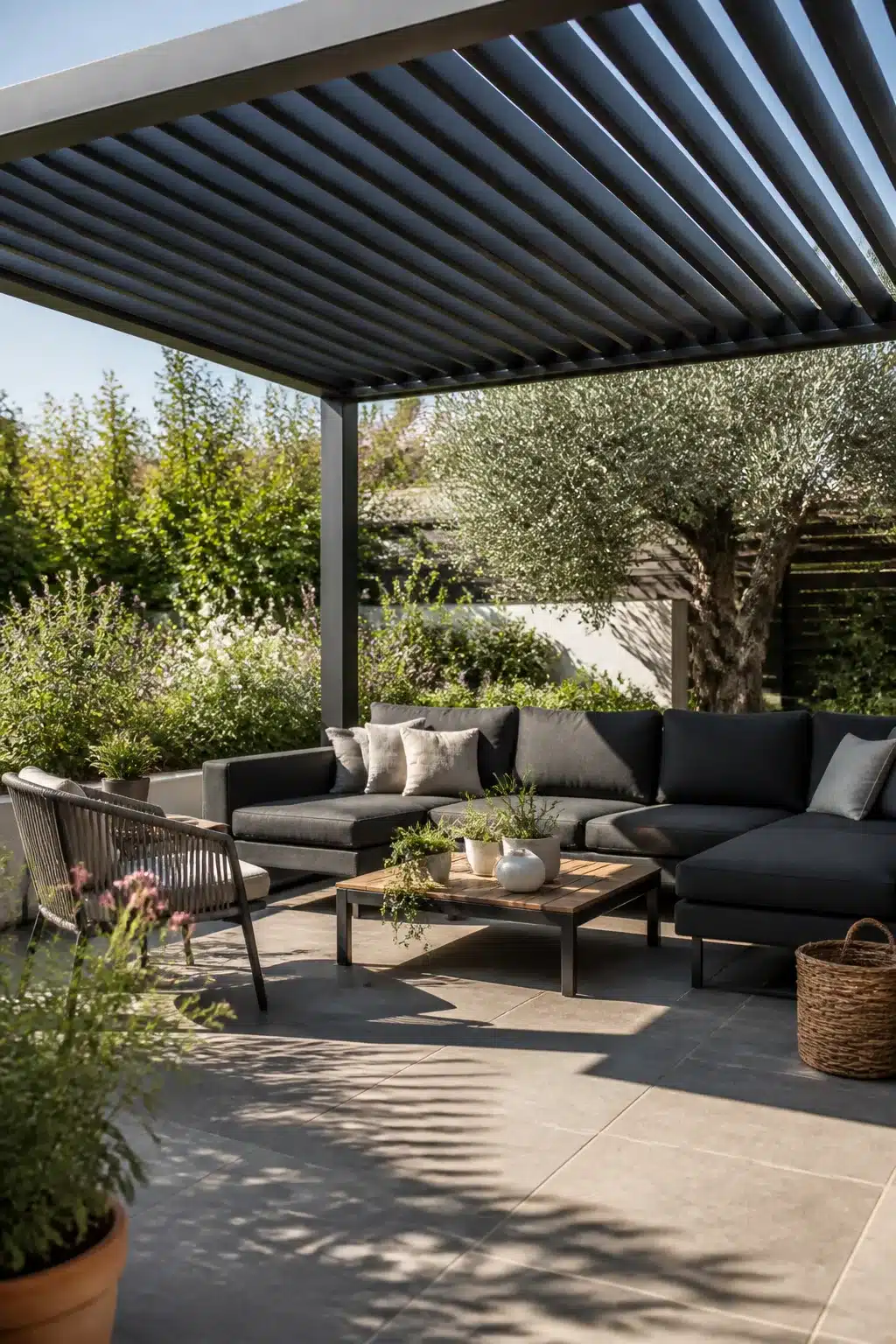 Gray aluminum louvered pergola over a dark sectional sofa — modern patio shade ideas with olive tree backdrop.