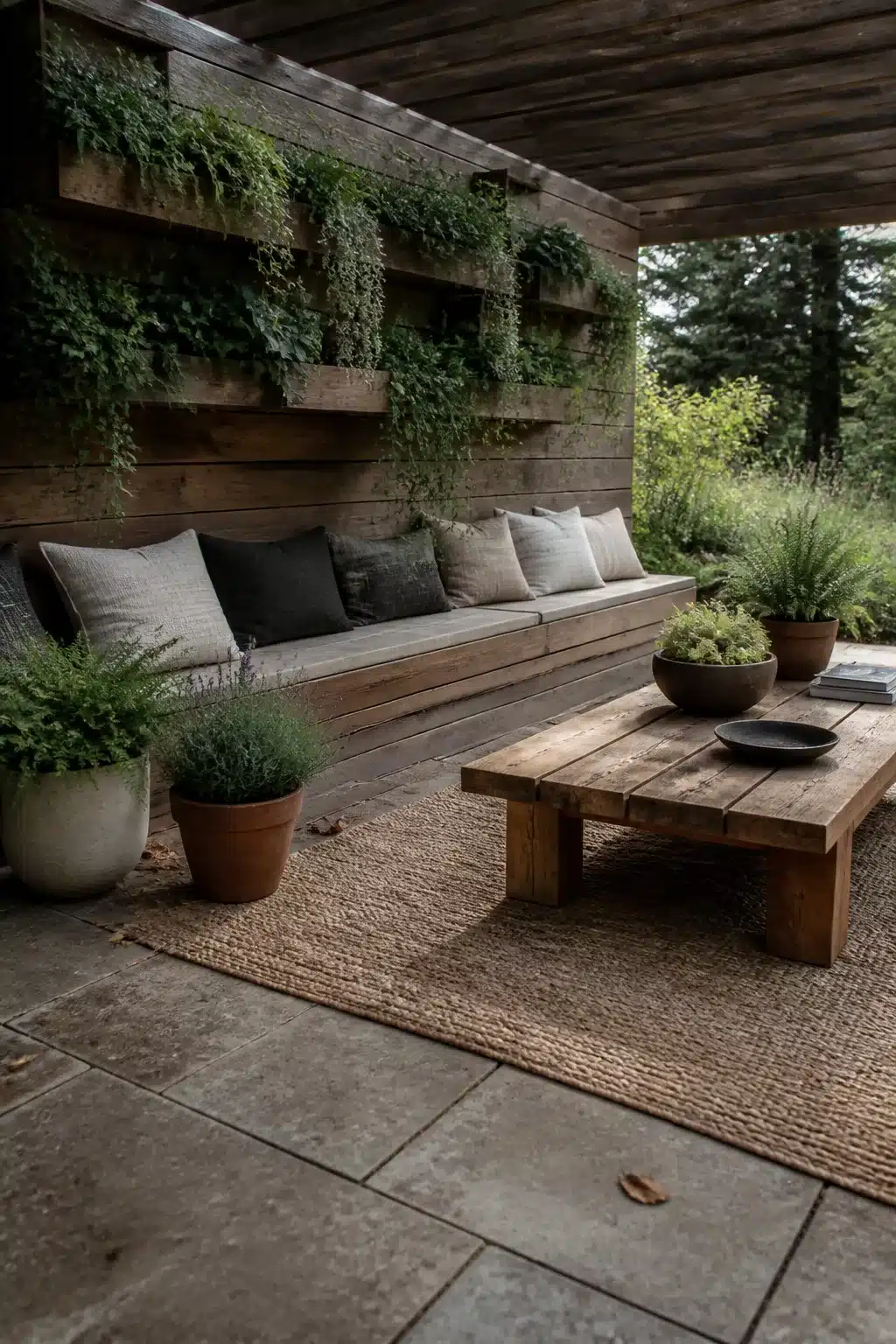 Patio shade ideas with a reclaimed wood bench, vertical planting wall, and covered pergola roof on a concrete paver patio.