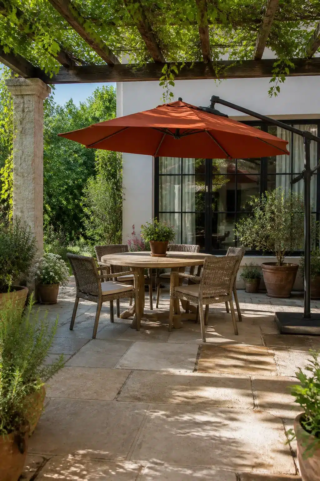 Terracotta offset cantilever umbrella over round teak dining table on stone patio — patio shade ideas