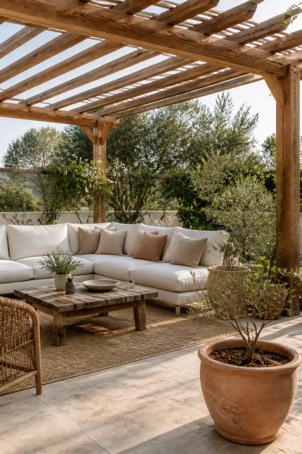 Cedar pergola patio shade idea with open rafters, linen sectional, jute rug, and terracotta olive tree pots