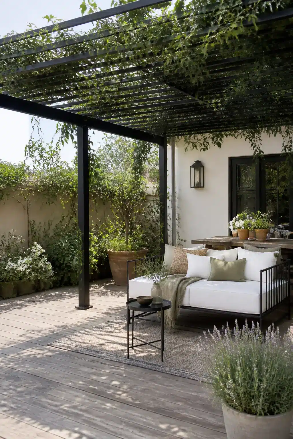 Black steel pergola covered in trailing vines over a wood deck — patio shade ideas with outdoor seating