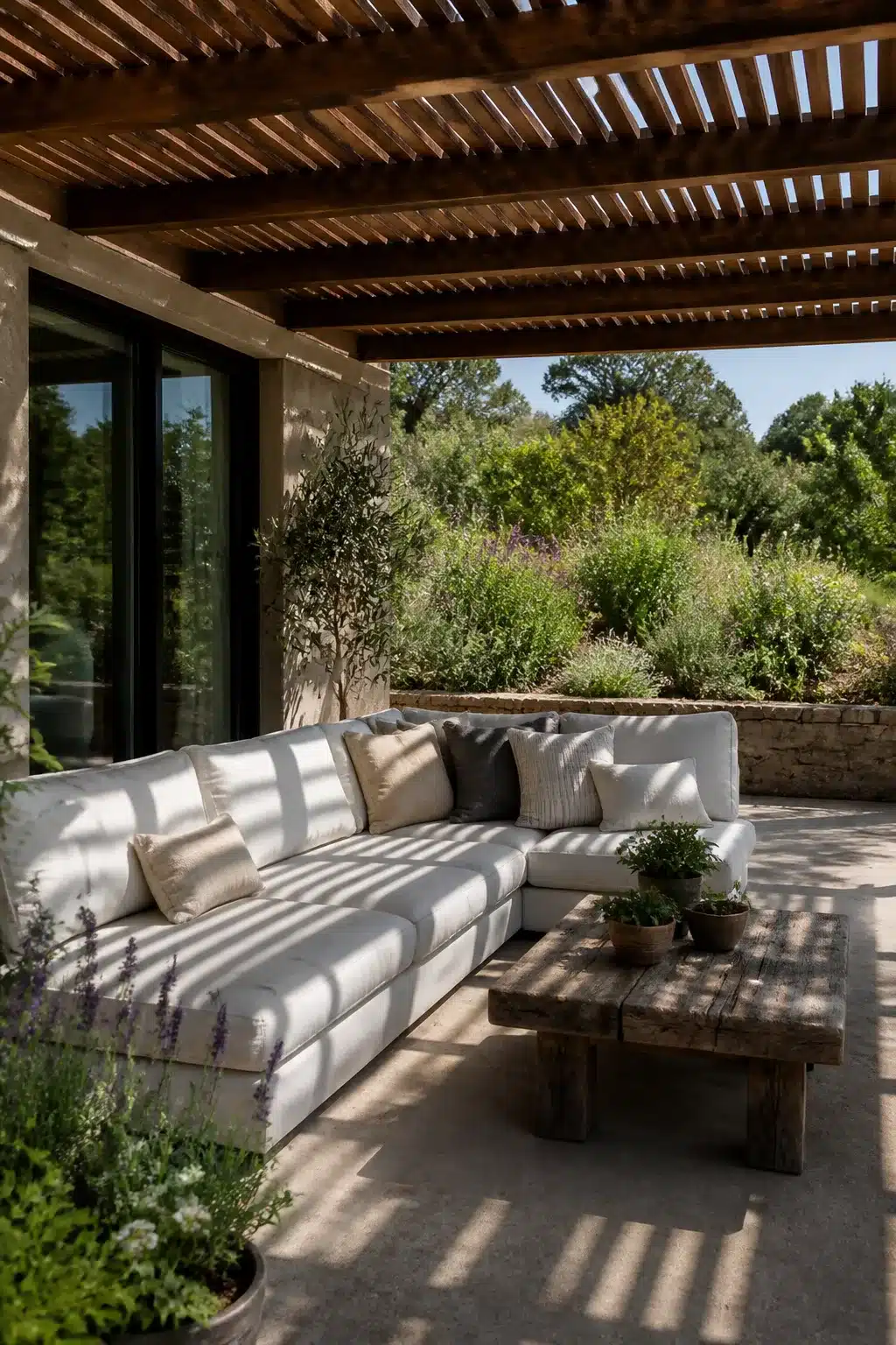 Slatted timber shade roof over white sectional patio — outdoor patio shade ideas with dappled light