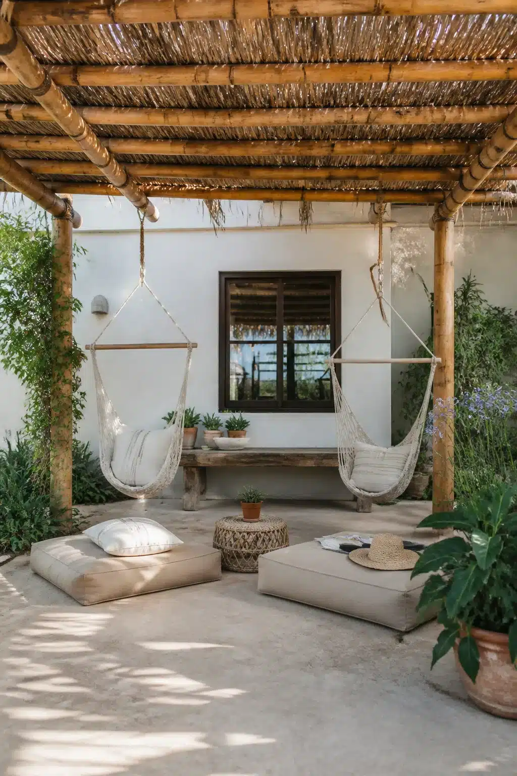 Bamboo pergola with palm frond roof over a shaded patio — natural patio shade ideas with hanging chairs and floor cushions.