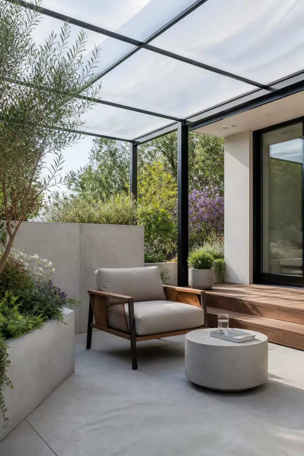 Patio shade ideas: ETFE frosted canopy over a modern outdoor lounge with concrete planters and wood armchair.