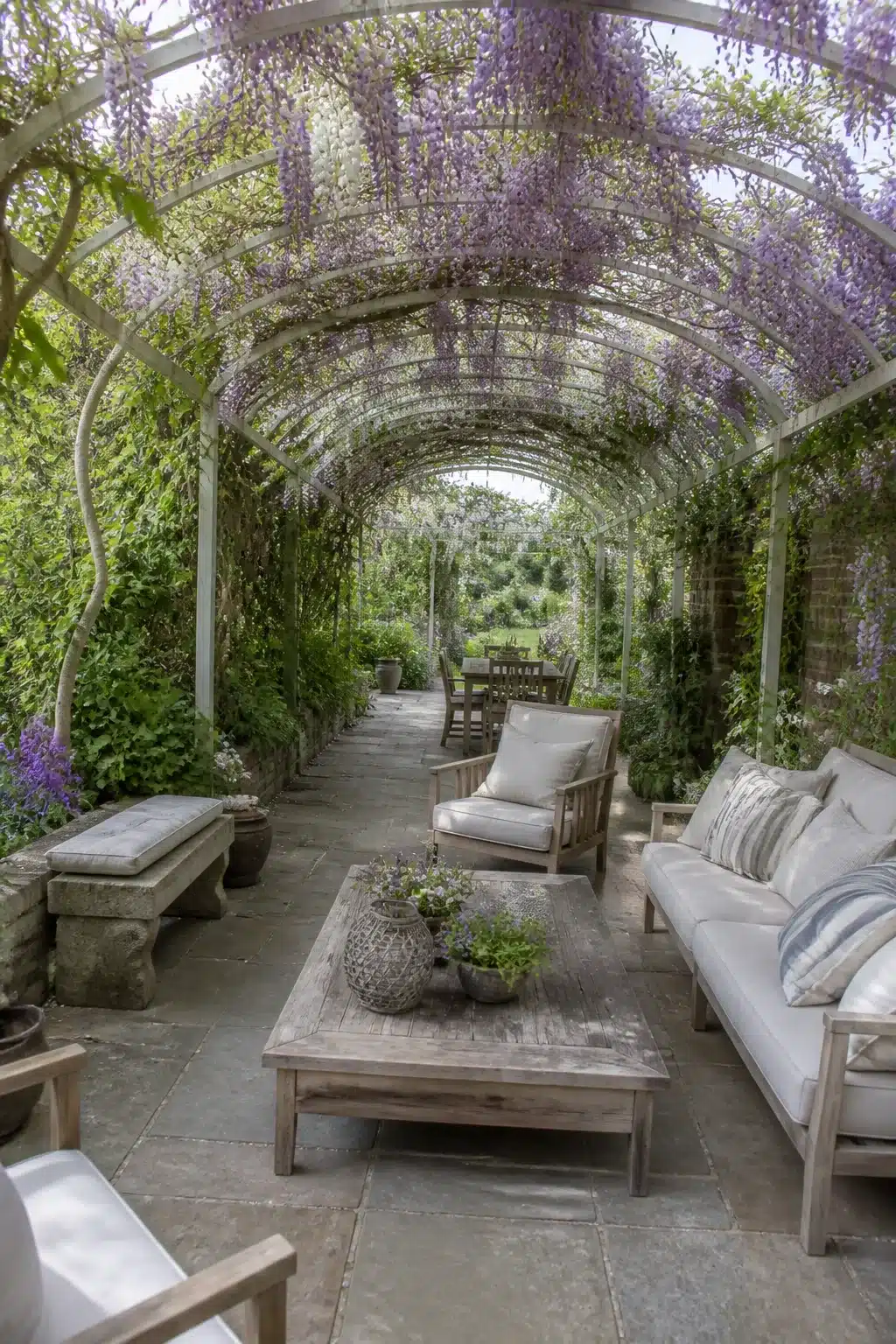 Arched white steel pergola draped in wisteria blossoms over a stone patio — patio shade ideas with living floral cover