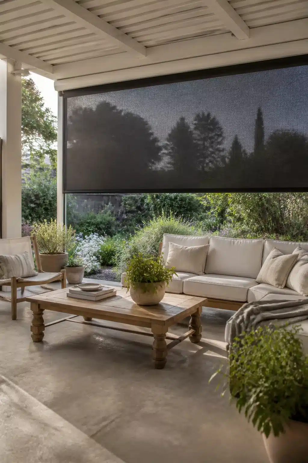 Charcoal solar roller blind shade idea on a covered patio with teak furniture and garden views