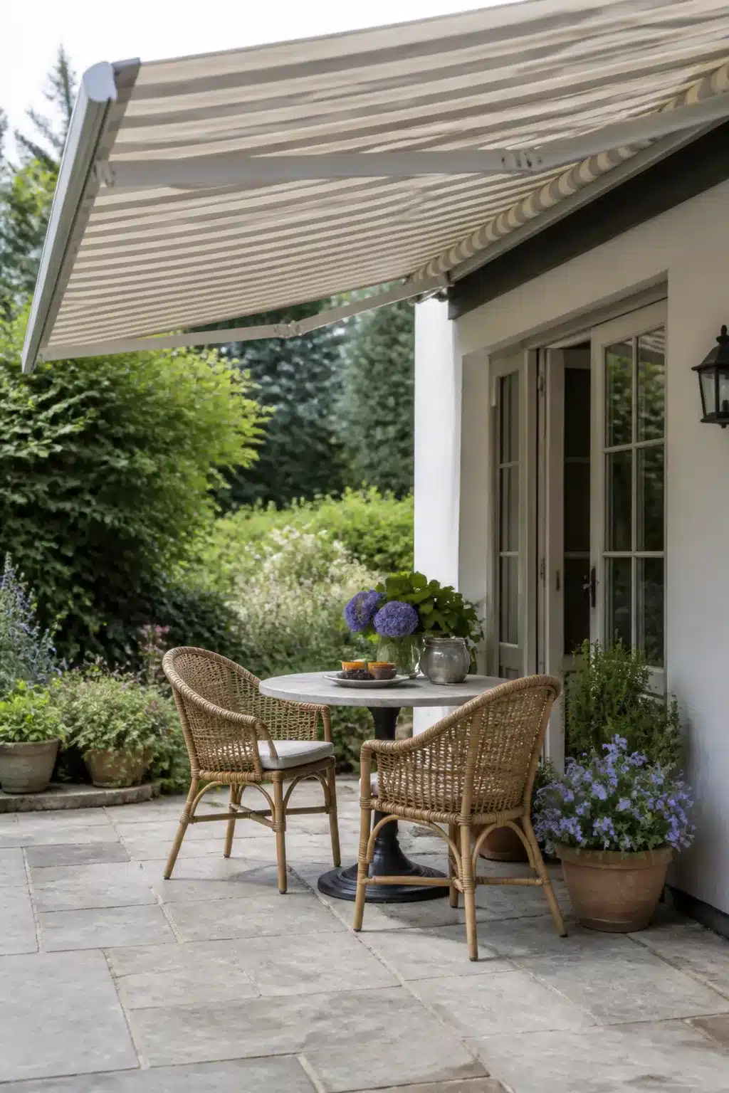 Striped motorized retractable awning over stone patio with rattan chairs — patio shade ideas for outdoor dining
