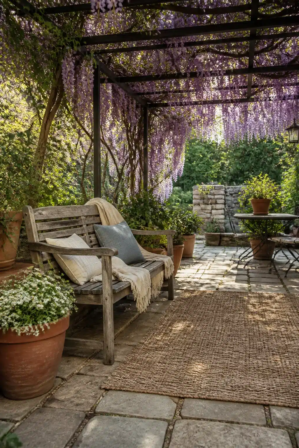 Purple wisteria-draped pergola over a stone patio — a stunning natural patio shade idea for garden spaces.
