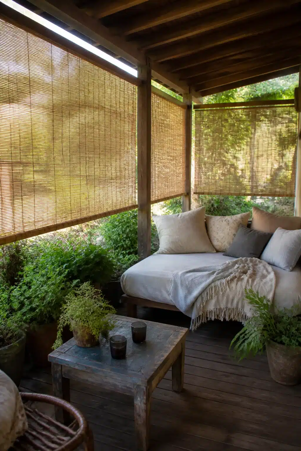 Bamboo roll-up shade screens on a covered wooden patio with daybed and potted ferns — patio shade ideas