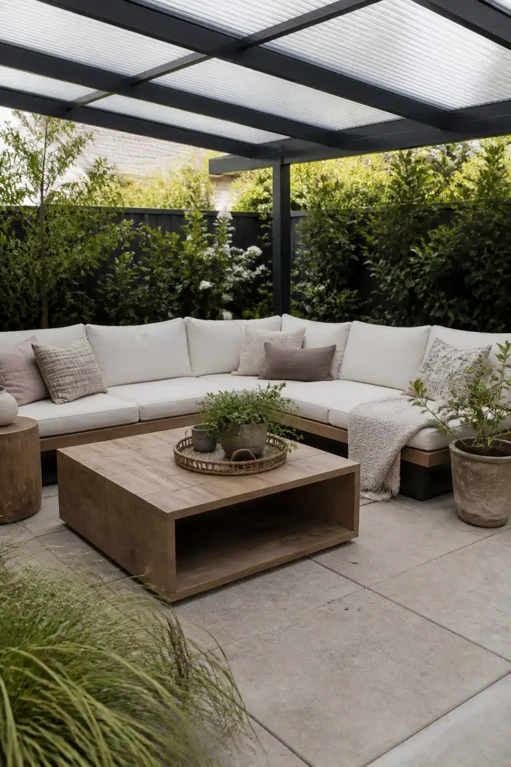 Patio shade ideas with a polycarbonate roof pergola, black steel frame, L-shaped sectional, and large-format pavers.