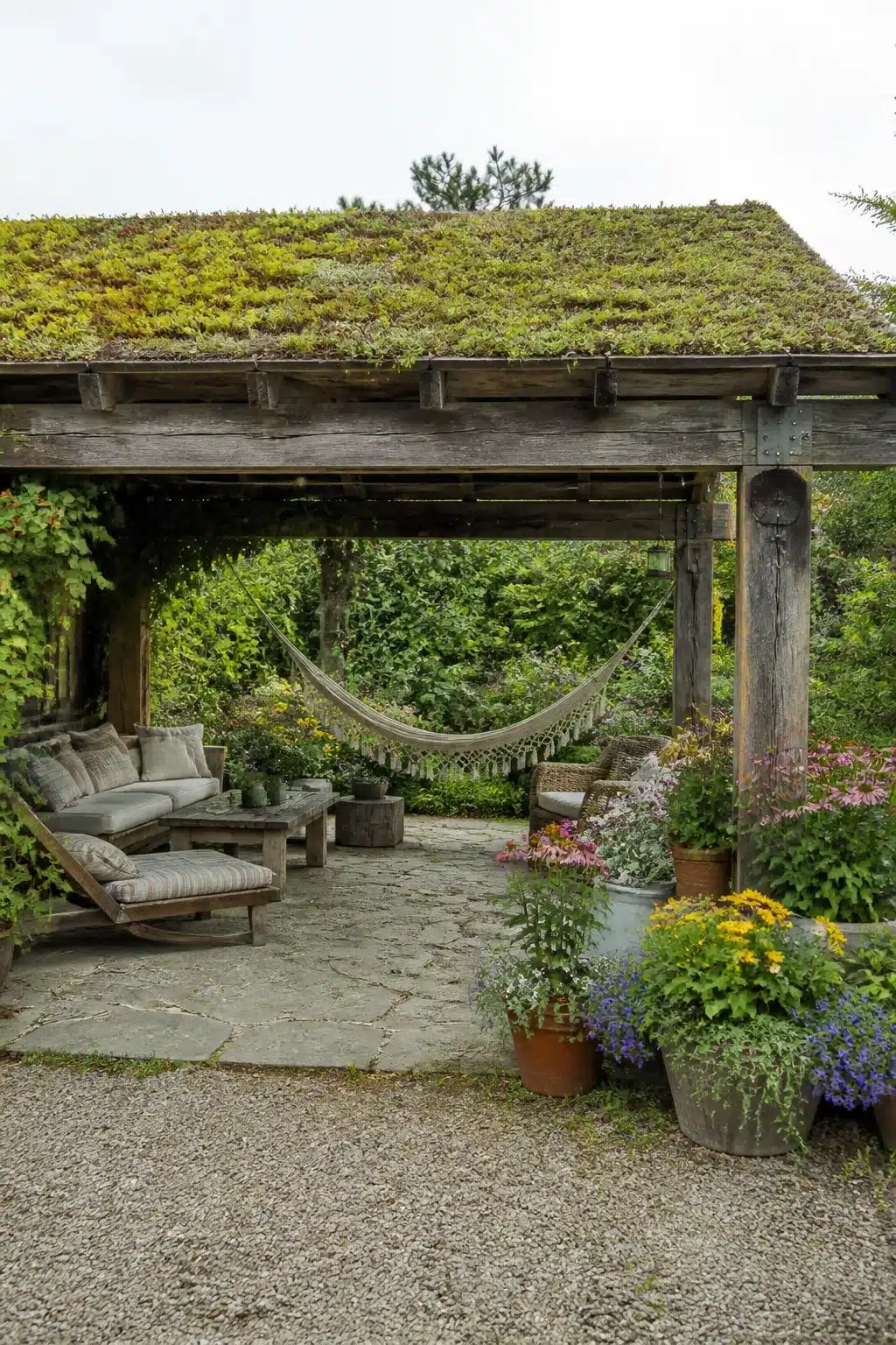 Living sedum green roof pergola over flagstone patio — creative patio shade ideas for a natural garden retreat
