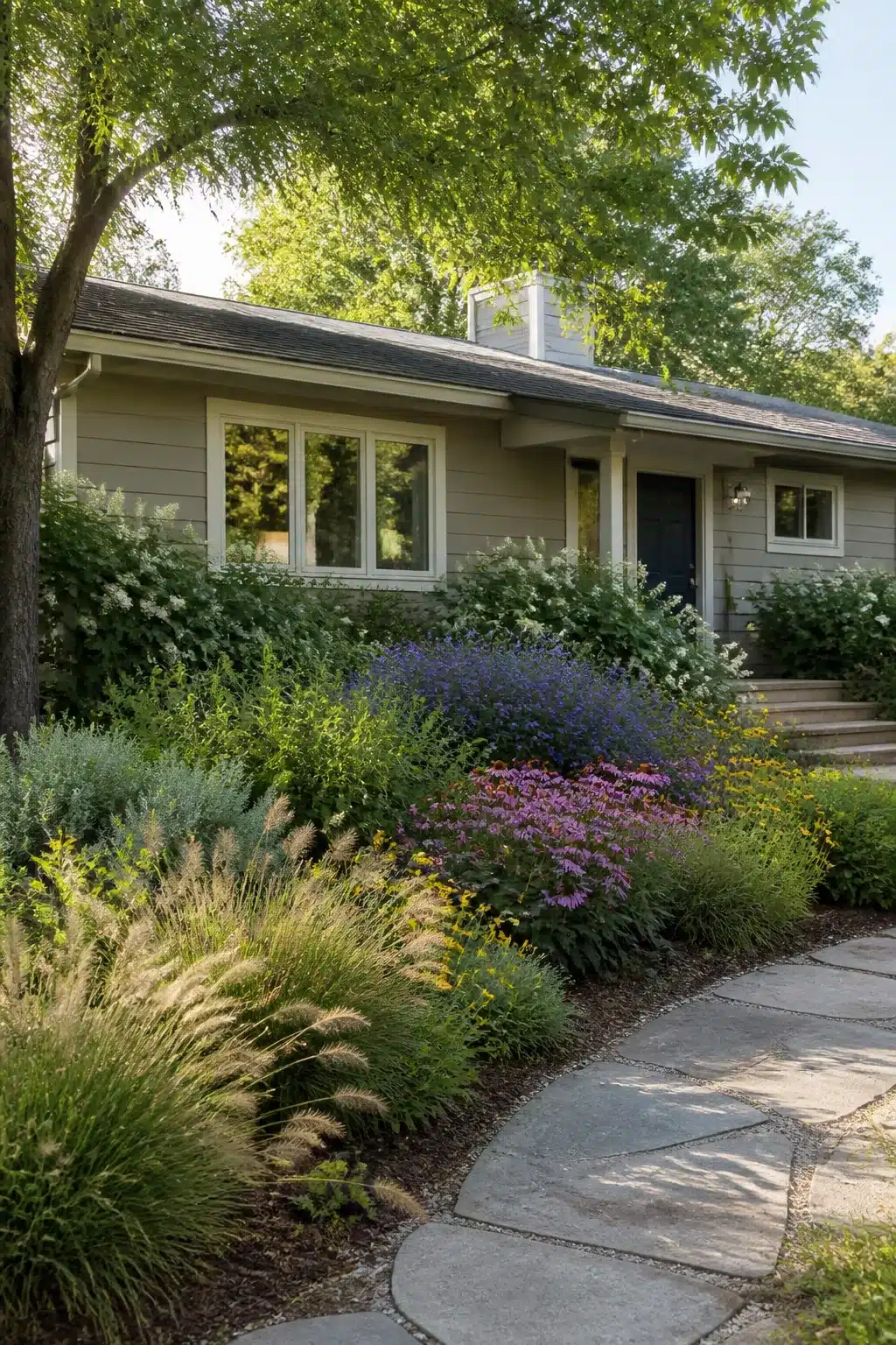Layered native plant border with coneflowers and catmint — ranch home landscaping front yard ideas