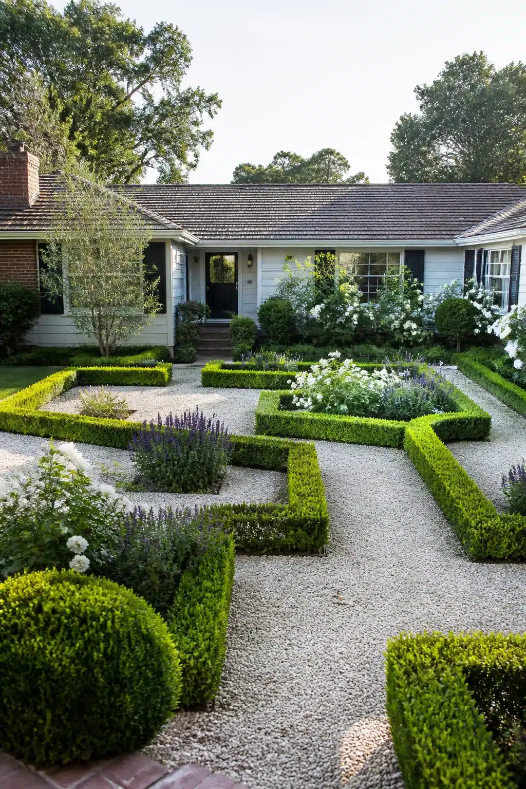 Ranch home landscaping front yard ideas with formal boxwood parterre squares and pea gravel pathways