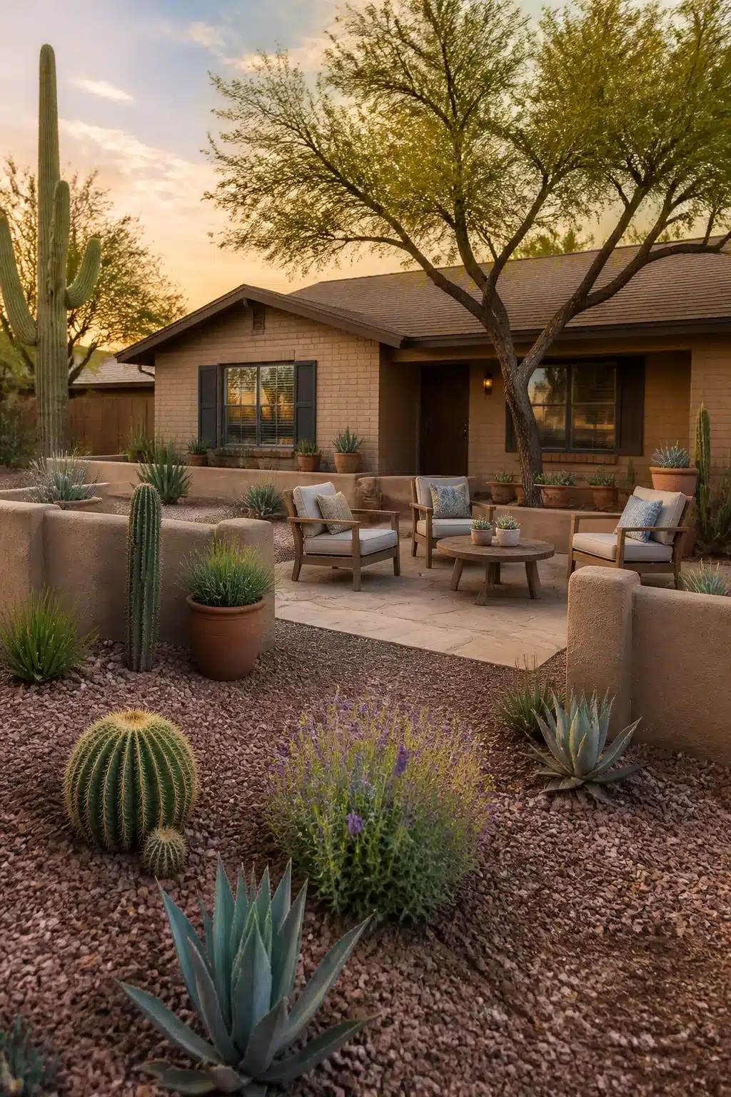 Desert Southwest ranch home landscaping front yard ideas with saguaro cactus, agave, adobe walls, and decomposed granite.