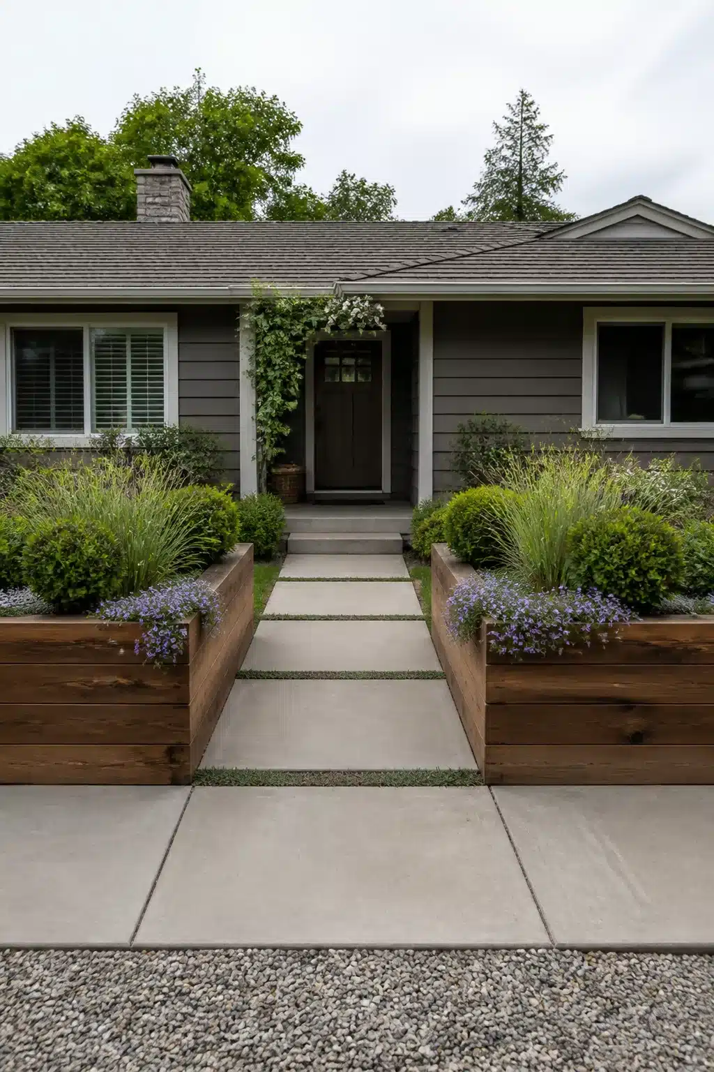 Cedar raised planter boxes flanking a concrete path to a gray ranch home — front yard landscaping idea