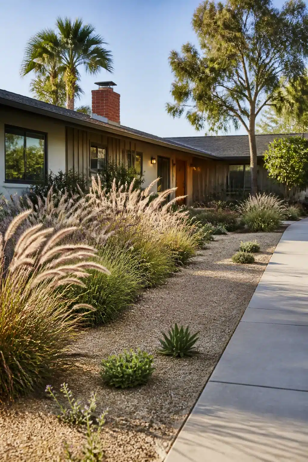 Ranch home landscaping front yard ideas with pea gravel bed and ornamental fountain grasses along a concrete walkway.