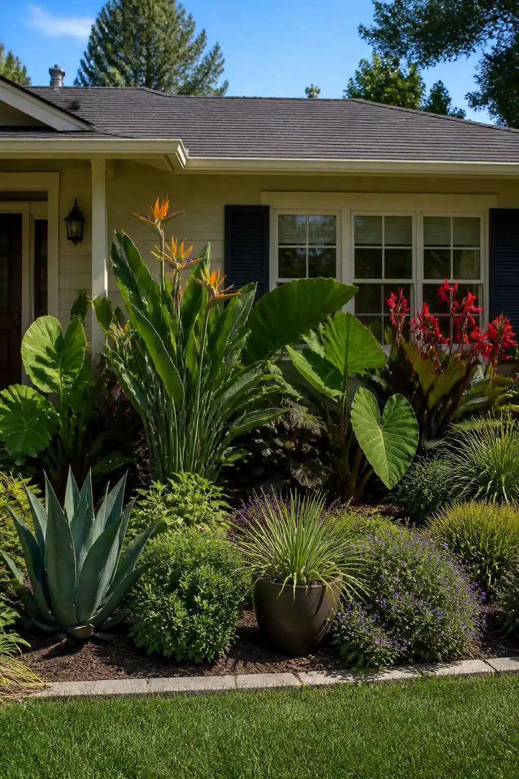 Ranch home landscaping front yard ideas with bird of paradise, elephant ears, agave, and red cannas in a bold tropical bed.