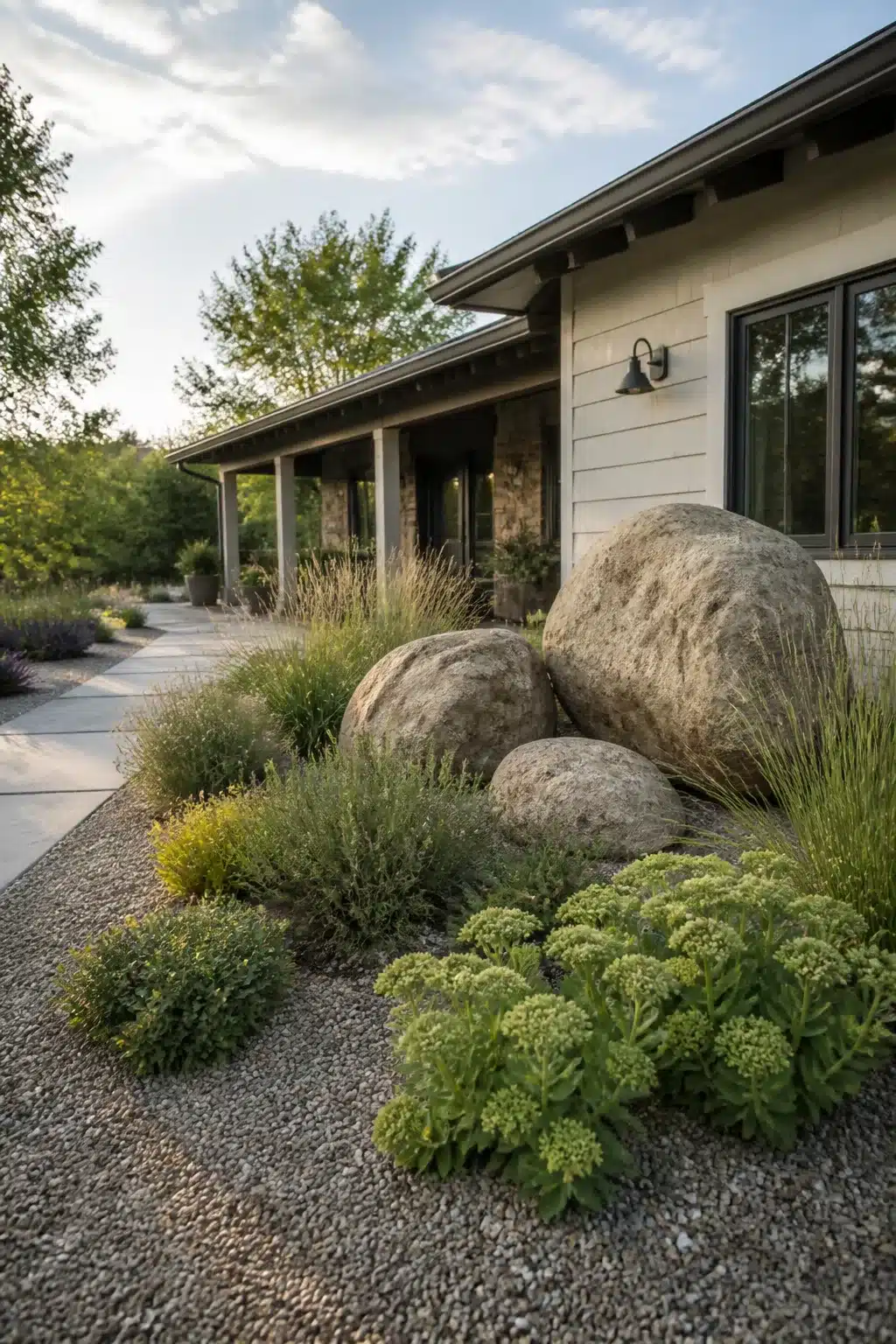 Ranch home landscaping front yard ideas with clustered fieldstone boulders, granite gravel, sedum and ornamental grasses