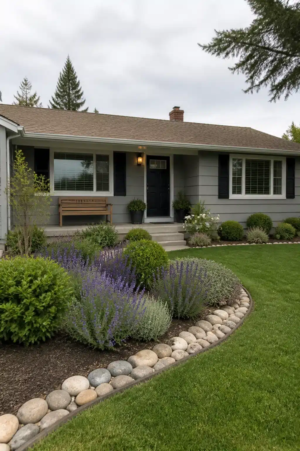 Ranch home landscaping front yard ideas with curved salvia planting bed and river rock edging border.