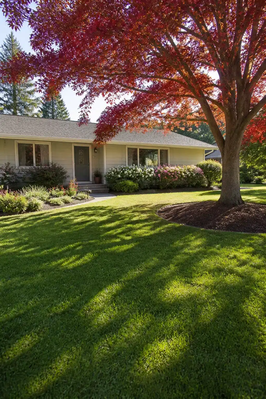 Ranch home landscaping front yard ideas featuring a red maple tree offset on a lush green lawn with flowering shrubs.