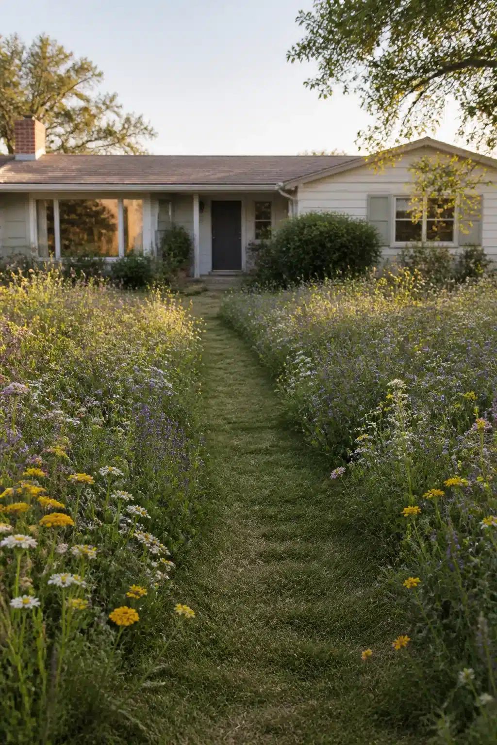 Mown grass path through a wildflower meadow front yard — ranch home landscaping front yard ideas with low-maintenance blooms