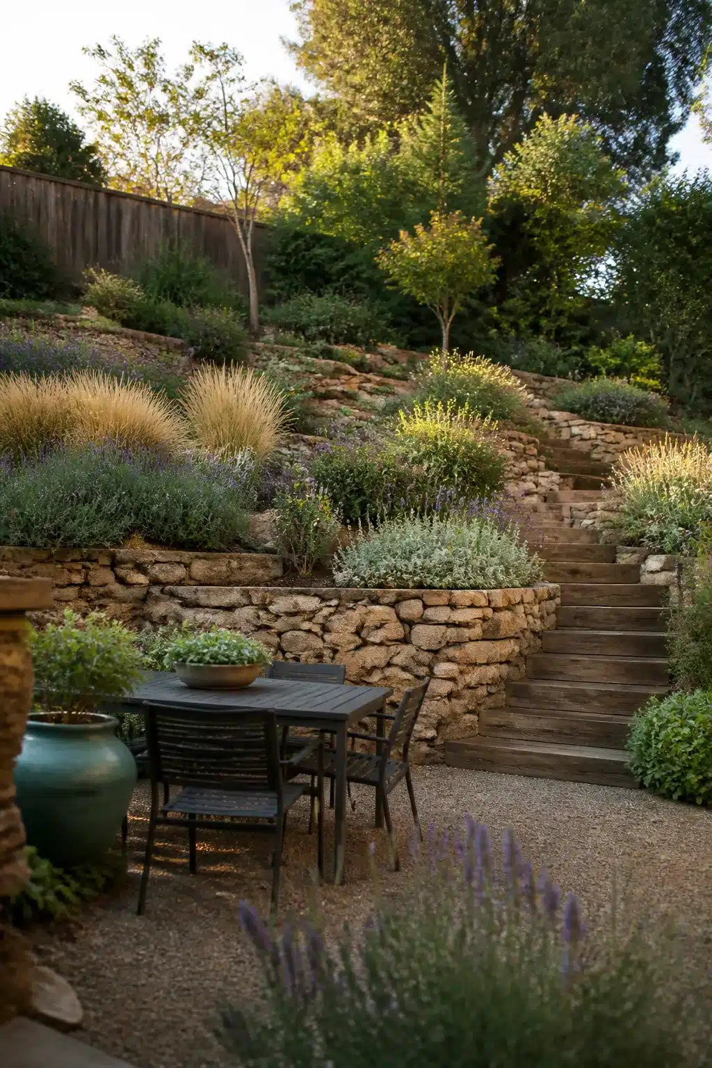 Dry-stacked stone terraces with gravel patio — sloped backyard landscaping ideas with lavender and ornamental grasses