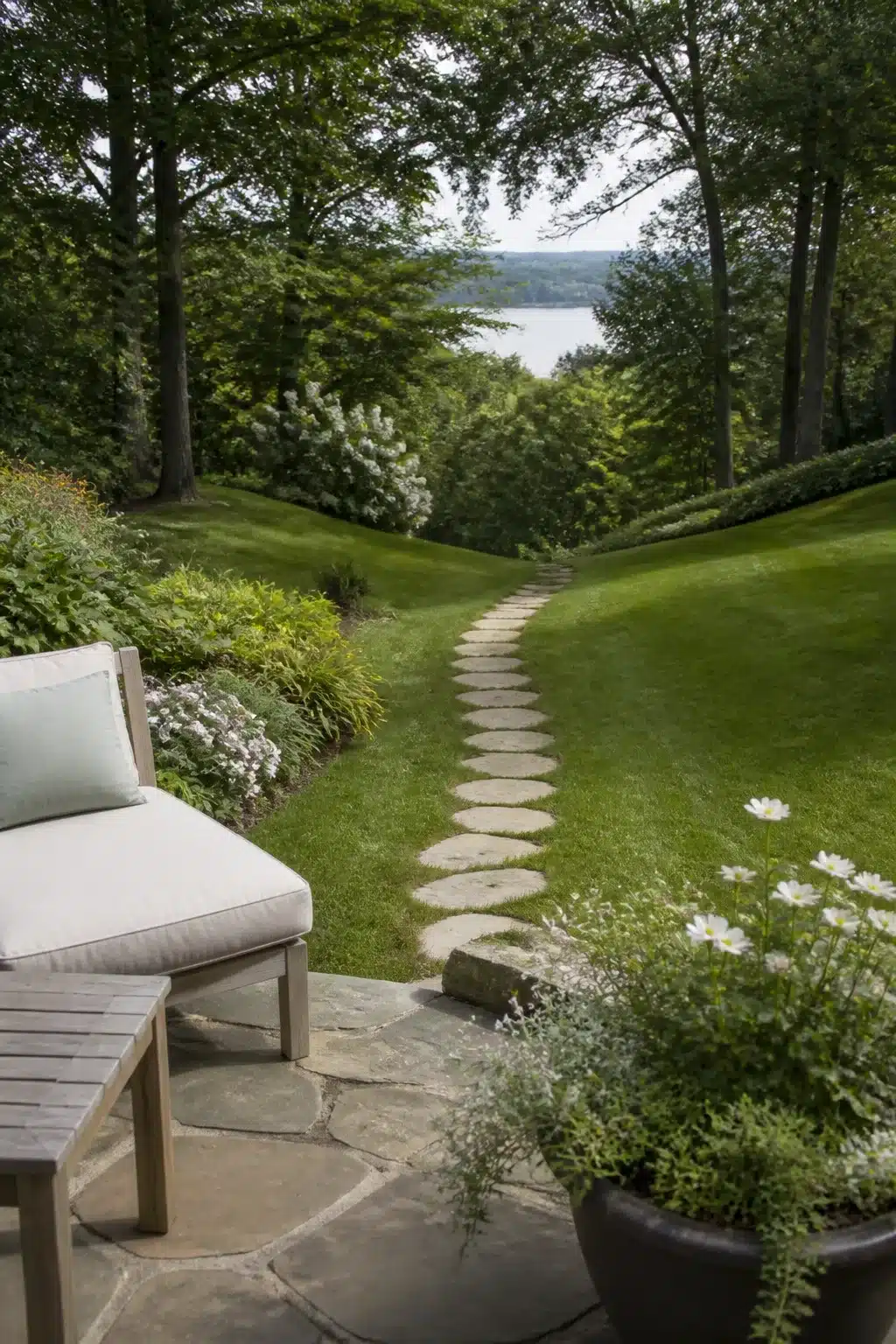 Sloped backyard landscaping idea with flagstone stepping stone path through green lawn to lake view
