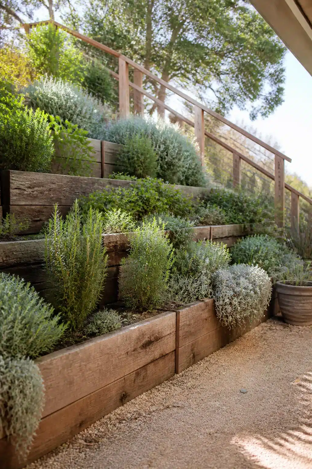 Sloped backyard landscaping idea with reclaimed timber terraced herb beds, rosemary and silver thyme, gravel path