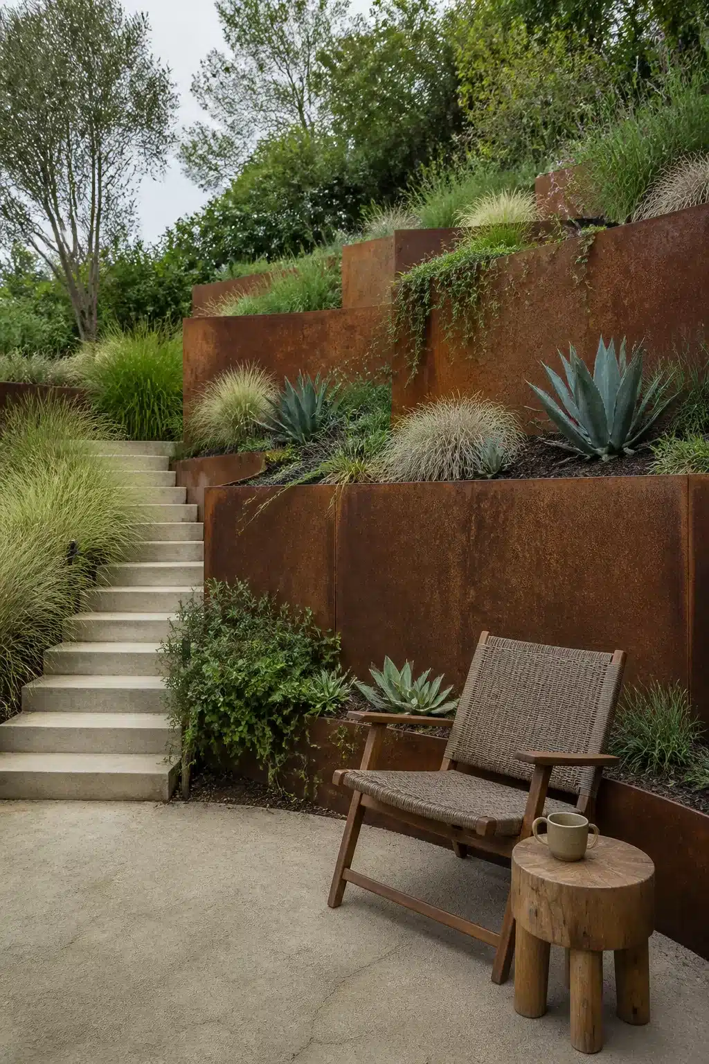 Sloped backyard landscaping ideas with Corten steel retaining walls, agave plants, ornamental grasses, and concrete stairs