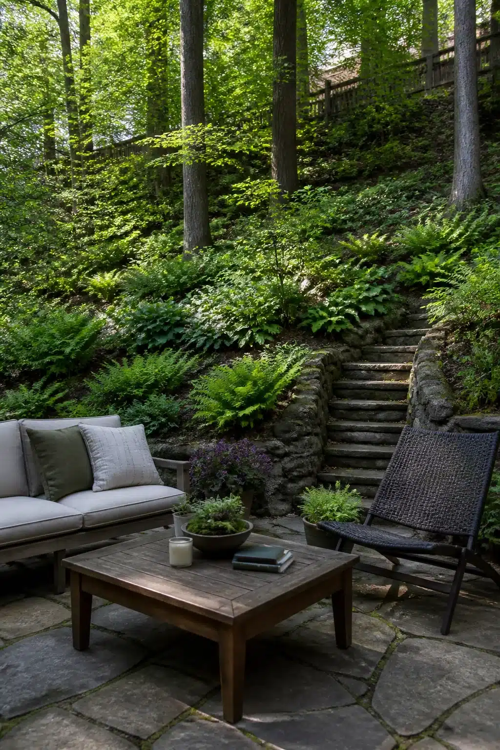 Stone retaining wall terrace with woodland ferns on a sloped backyard — sloped backyard landscaping ideas