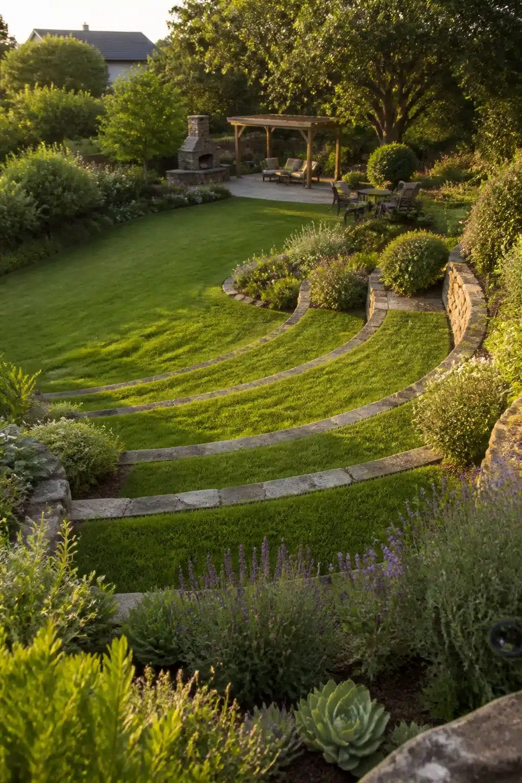 Curved grass terraces with stone edging on a sloped backyard — landscaping ideas for hills and slopes