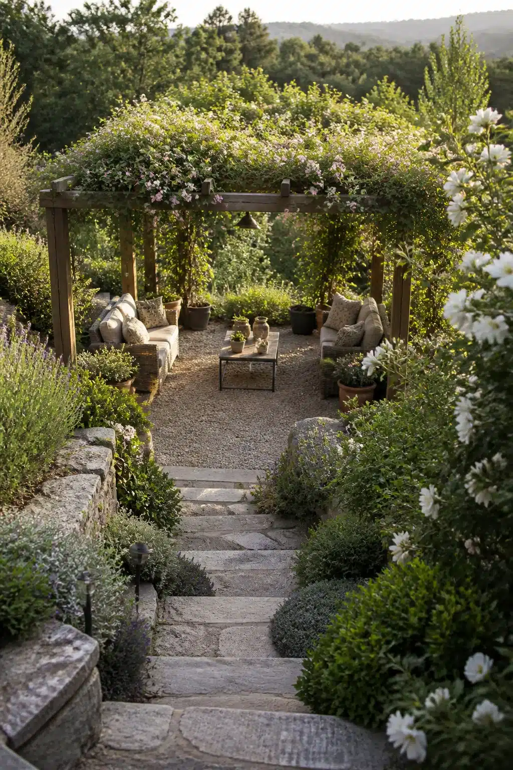 Sloped backyard landscaping idea with a climbing rose pergola, gravel terrace, and stone path leading to an outdoor seating area