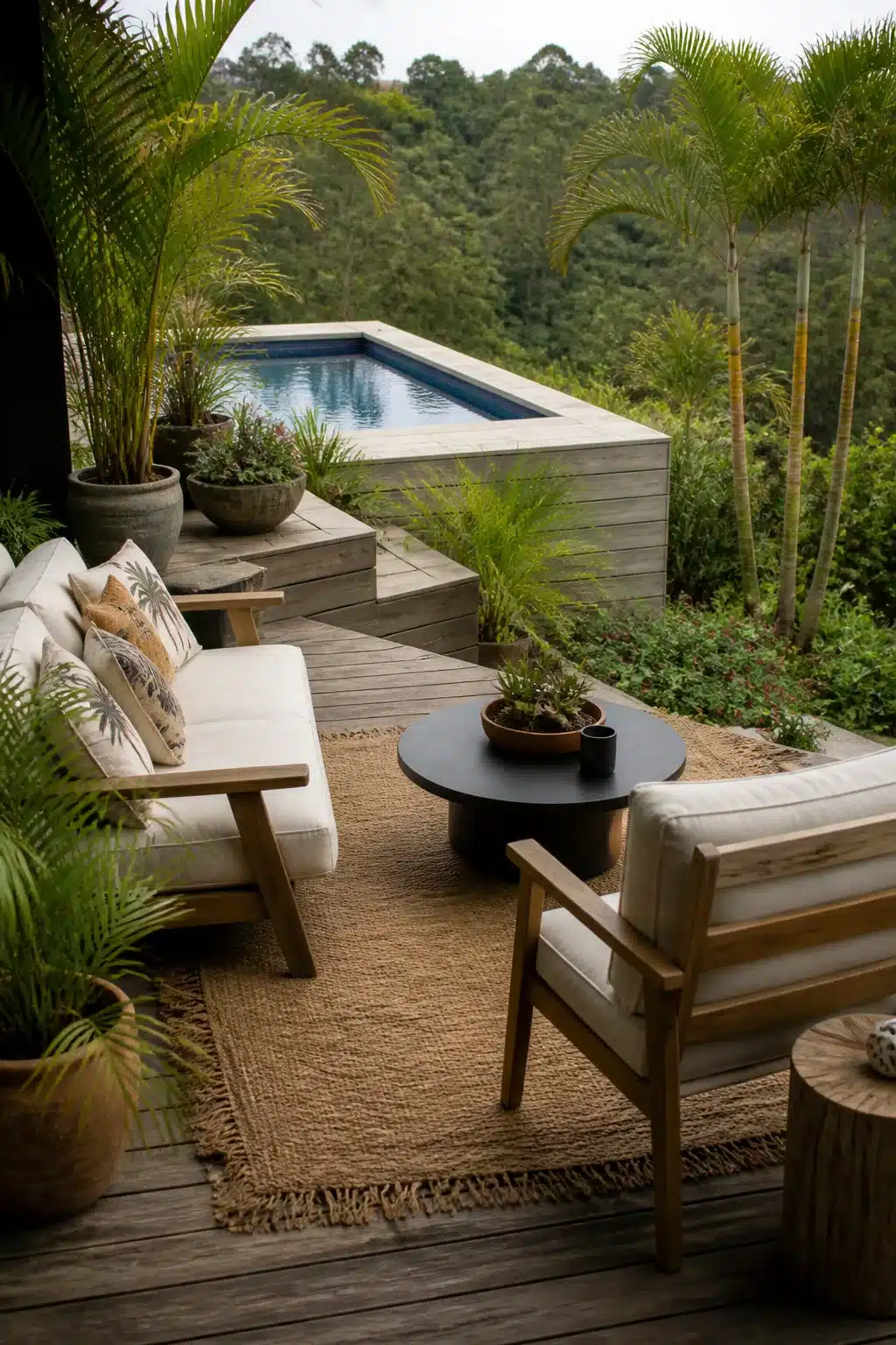 Raised pool deck on a sloped backyard landscaping idea with teak lounge furniture, palms, and jungle views
