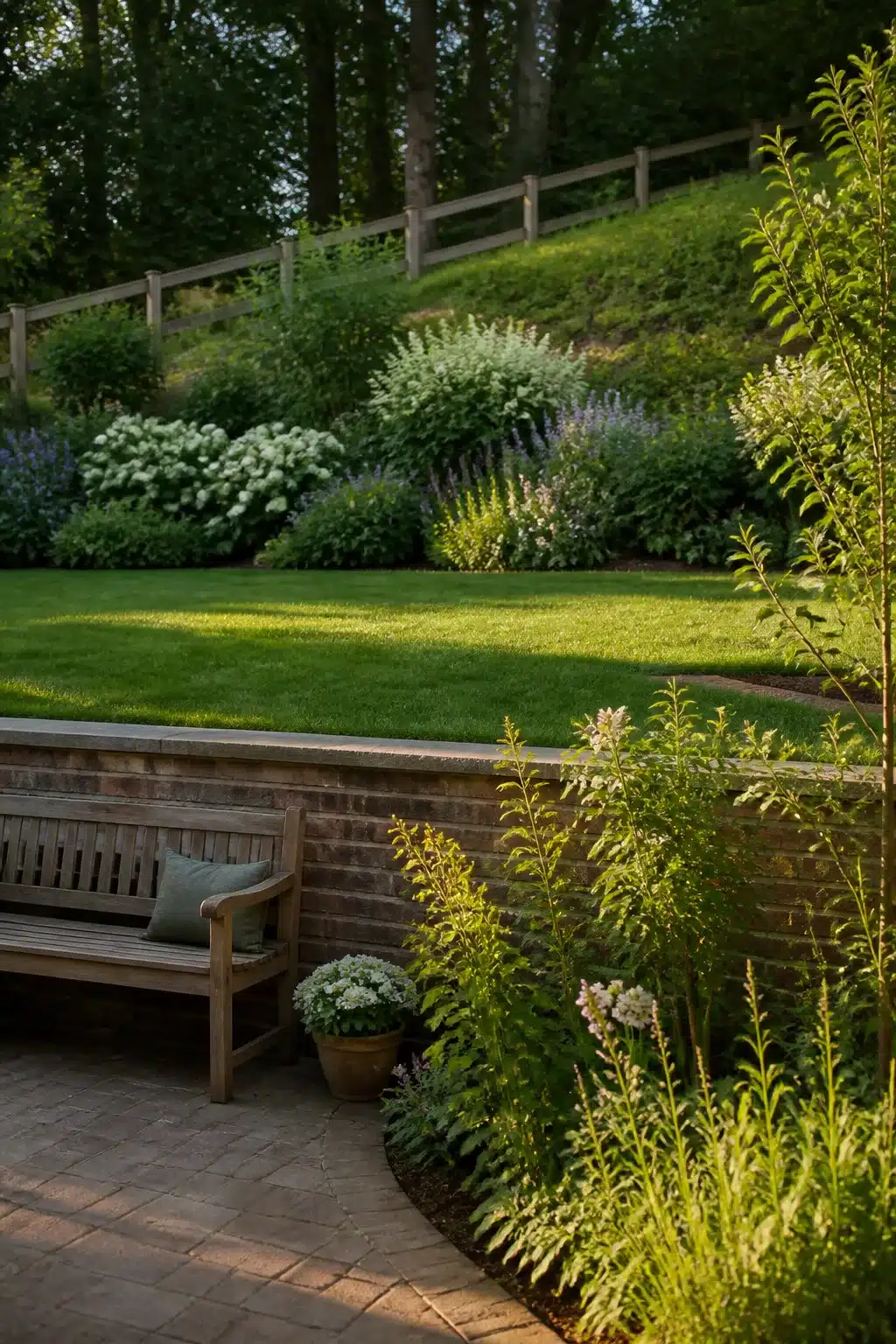 Sloped backyard landscaping idea with brick retaining wall, cut lawn terrace, and teak bench on paver patio