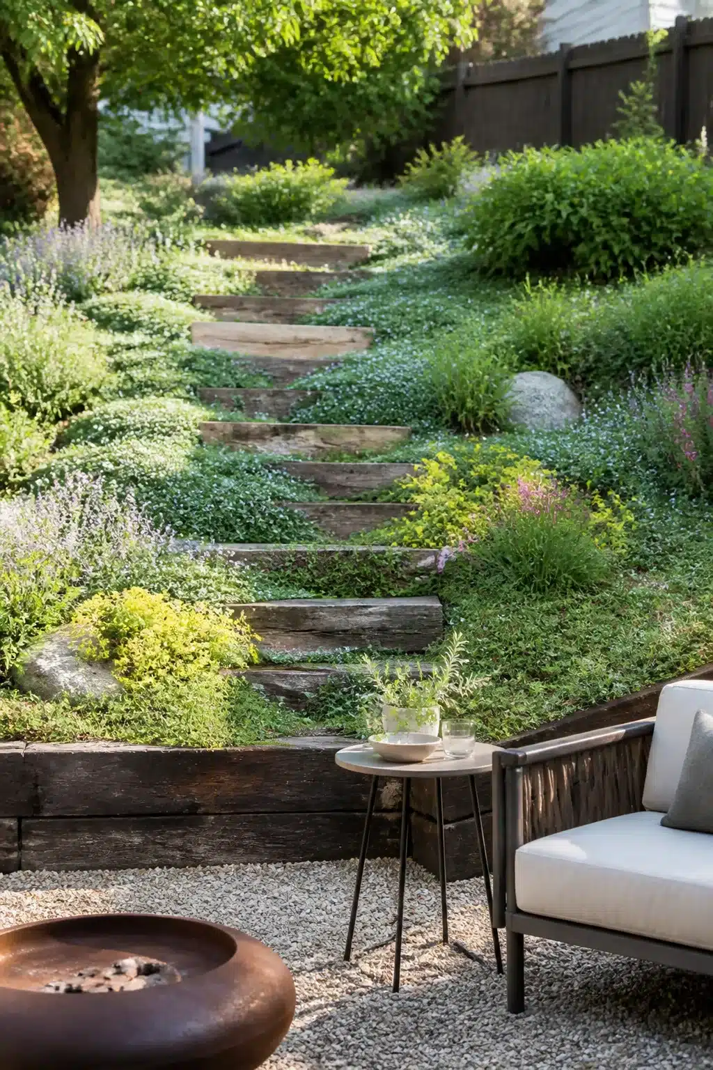 Sloped backyard landscaping ideas with railroad tie steps and creeping ground cover plants on a lush garden hillside
