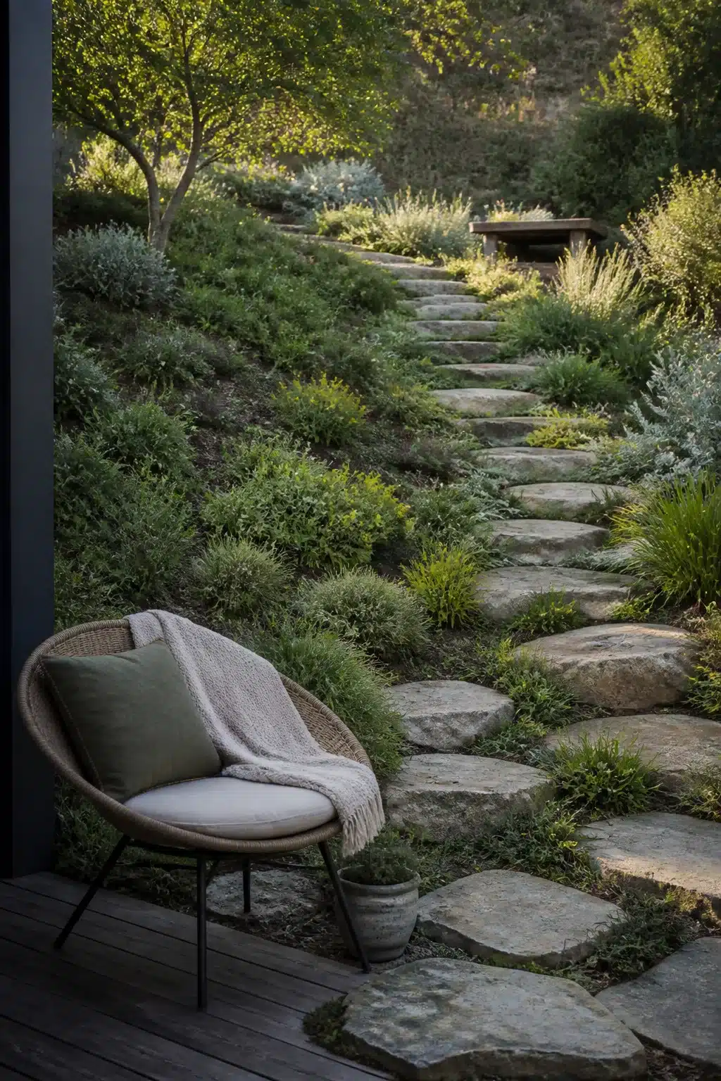Irregular flagstone stepping stone path up a lush planted slope — sloped backyard landscaping ideas with wicker chair on deck