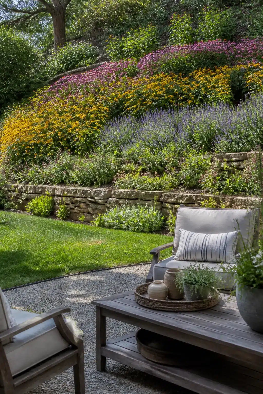 Sloped backyard landscaping ideas with layered perennial flower borders and a stone retaining wall above a gravel patio