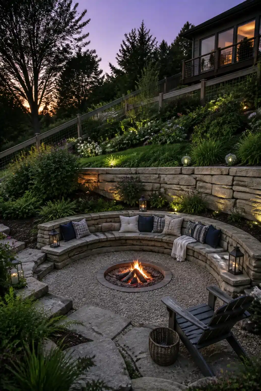 Sunken fire pit with curved stone bench wall on a sloped backyard — landscaping ideas for hillside gardens