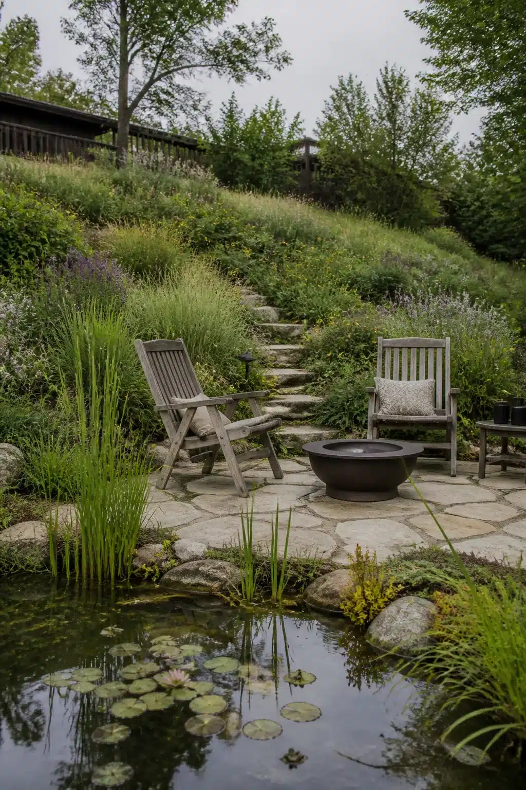 Sloped backyard landscaping idea with natural pond, flagstone patio, and hillside wildflower planting.