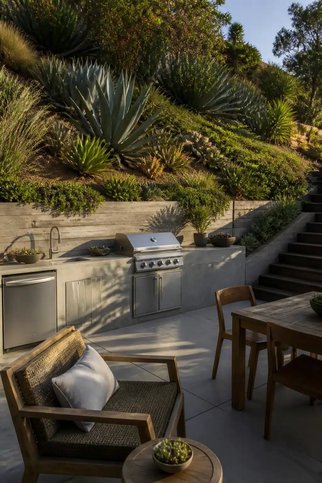 Sloped backyard landscaping ideas with concrete outdoor kitchen, agave hillside planting, and teak patio seating