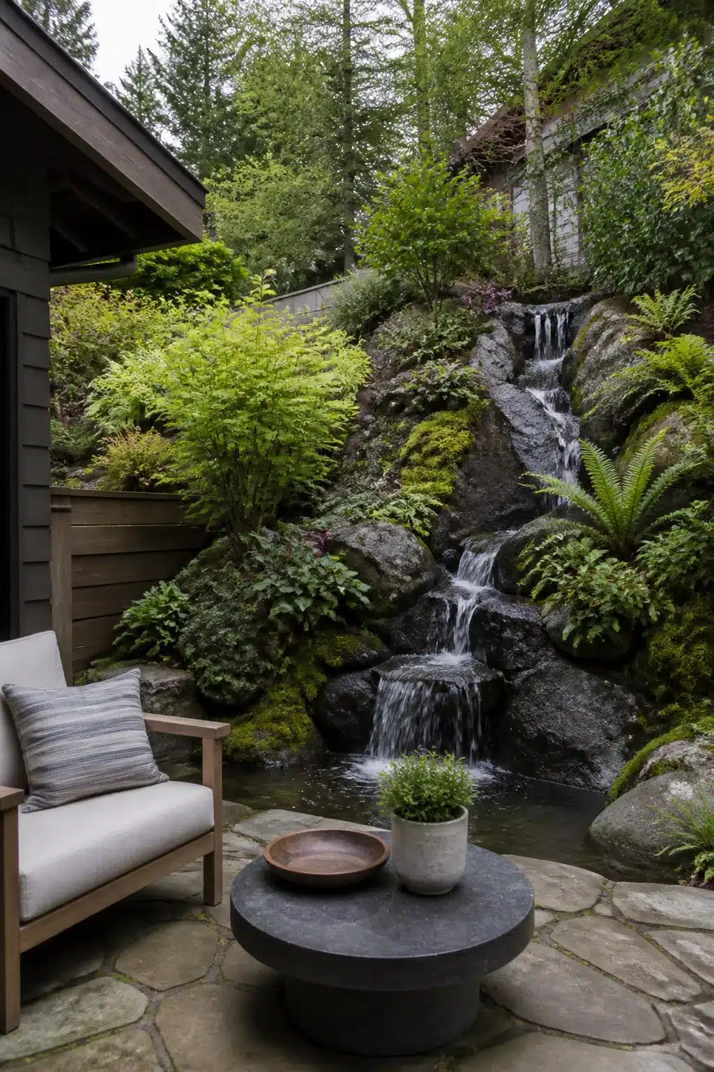 Sloped backyard landscaping idea with cascading rock waterfall, moss boulders, ferns, and a flagstone patio seating area