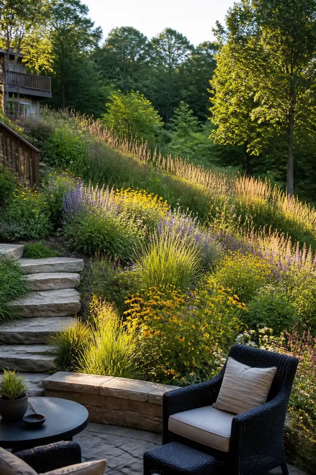 Hillside prairie wildflower planting on a sloped backyard — sloped backyard landscaping ideas with native plants