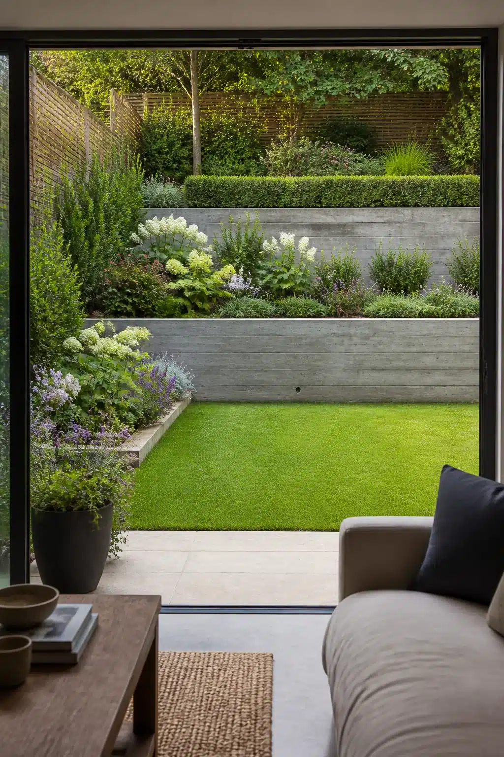 Sloped backyard landscaping idea with concrete retaining walls, lawn terraces, and hydrangea planting in a modern garden