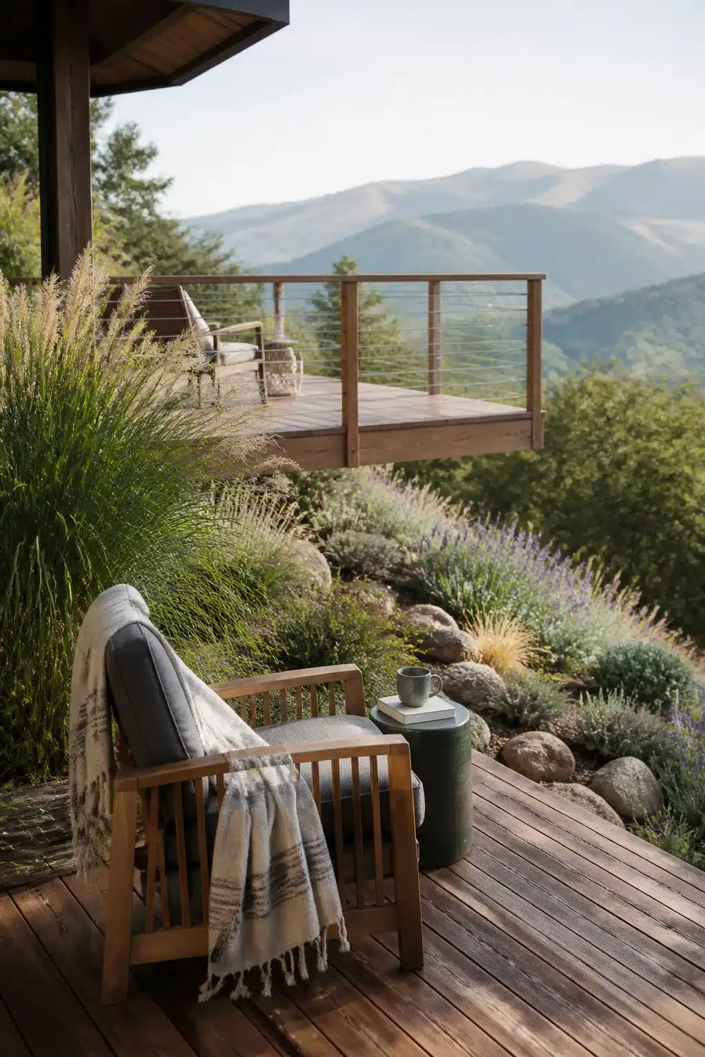 Sloped backyard landscaping idea with teak timber deck built into hillside, cable rail, lavender and ornamental grasses