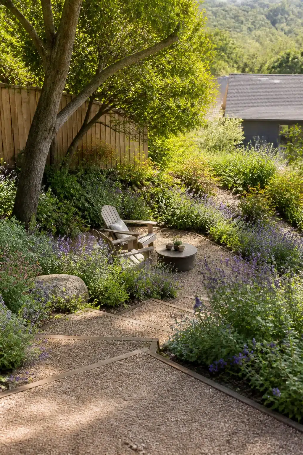 Sloped backyard landscaping idea with zigzag gravel path, catmint borders, and Adirondack chair seating area