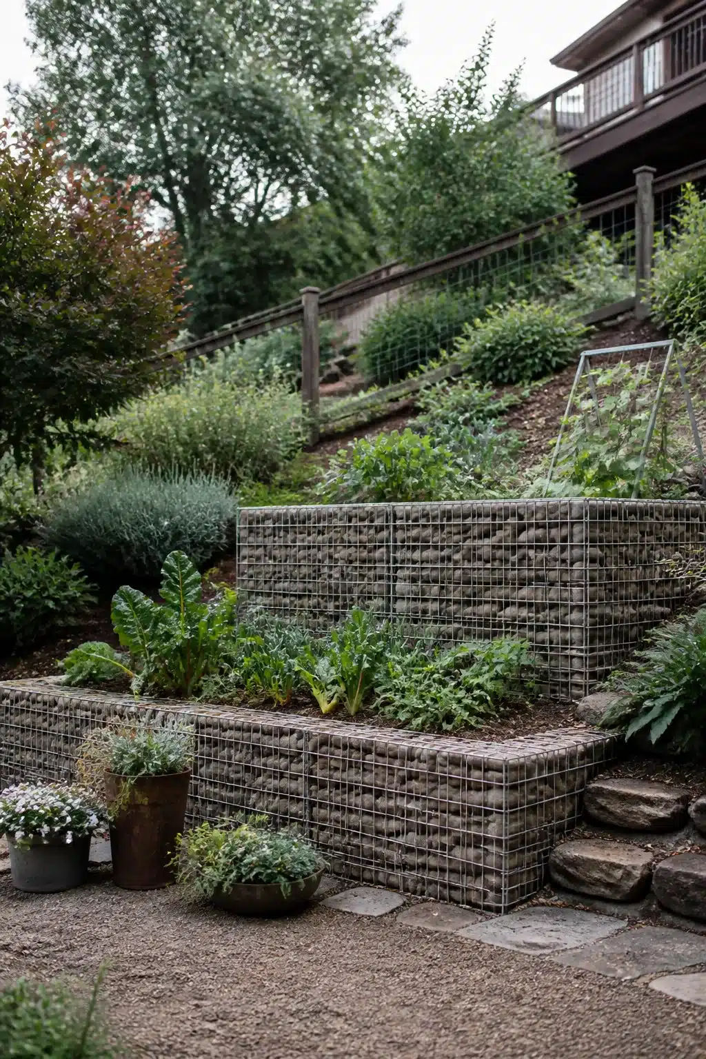 Gabion wire raised bed terraces on a sloped backyard — Sloped Backyard Landscaping Ideas with stone-fill walls
